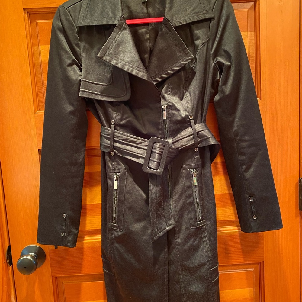 Sz S Bebe Black Satin Dress Trench Coat
